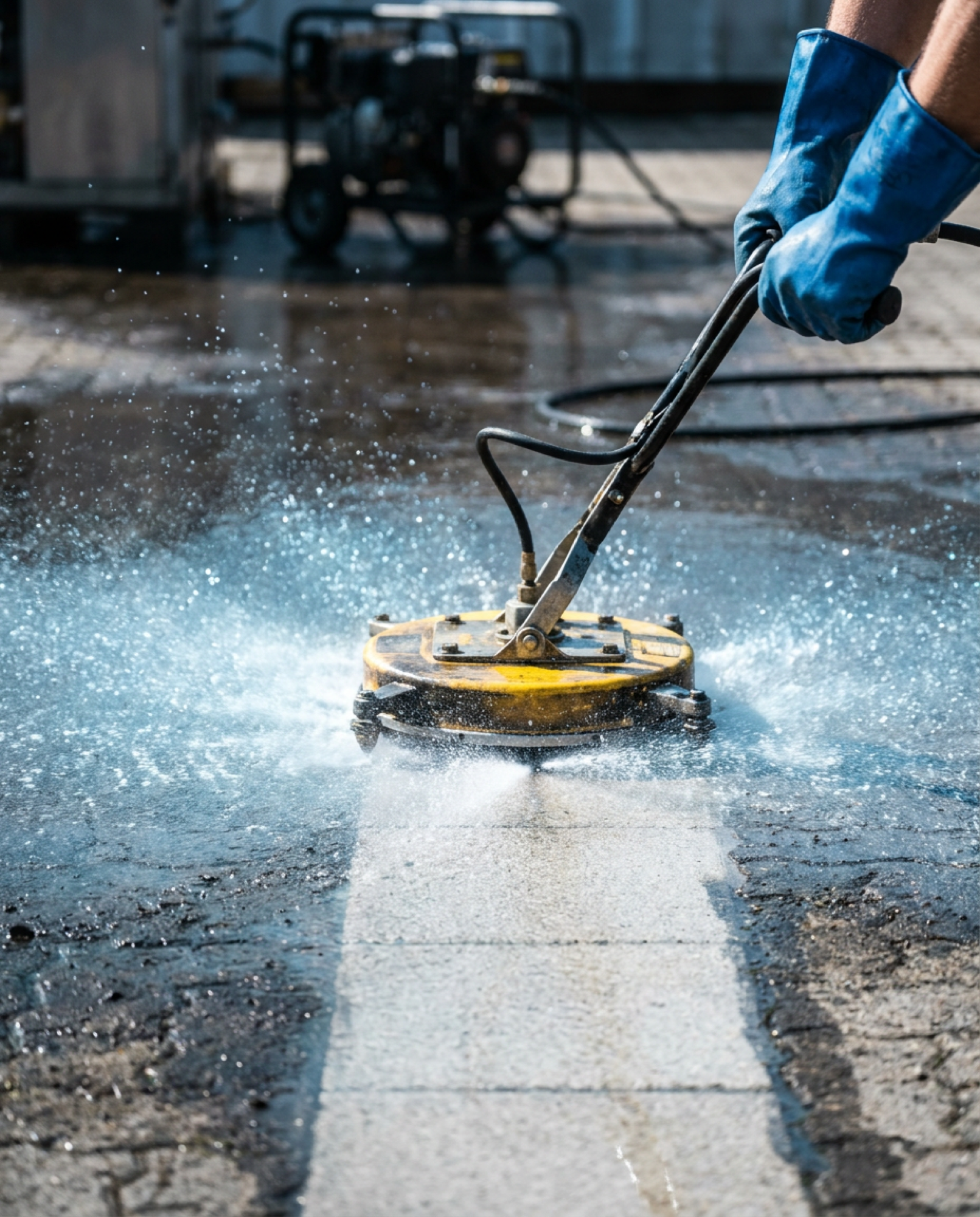 A gloved hand guiding a rotary surface cleaner across concrete