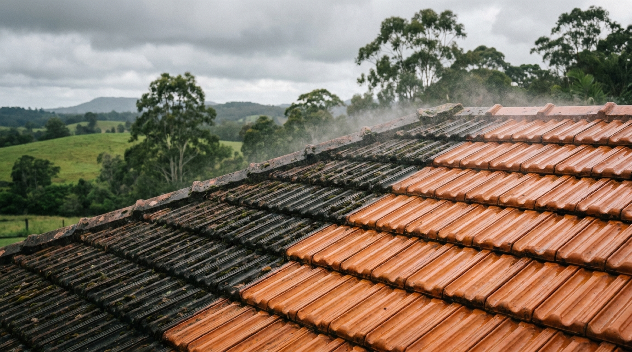 A moss-covered tile roof being cleaned with green hills in the background