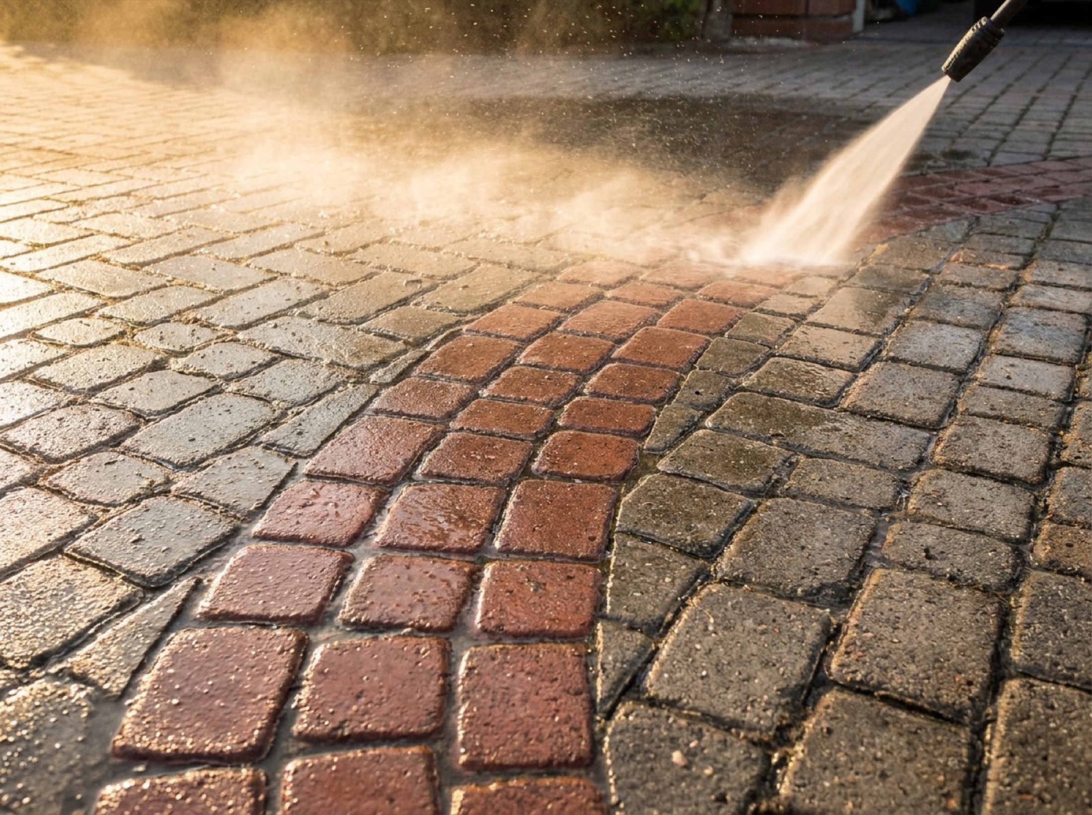 A pressure washer rinsing a brick paver driveway at sunset