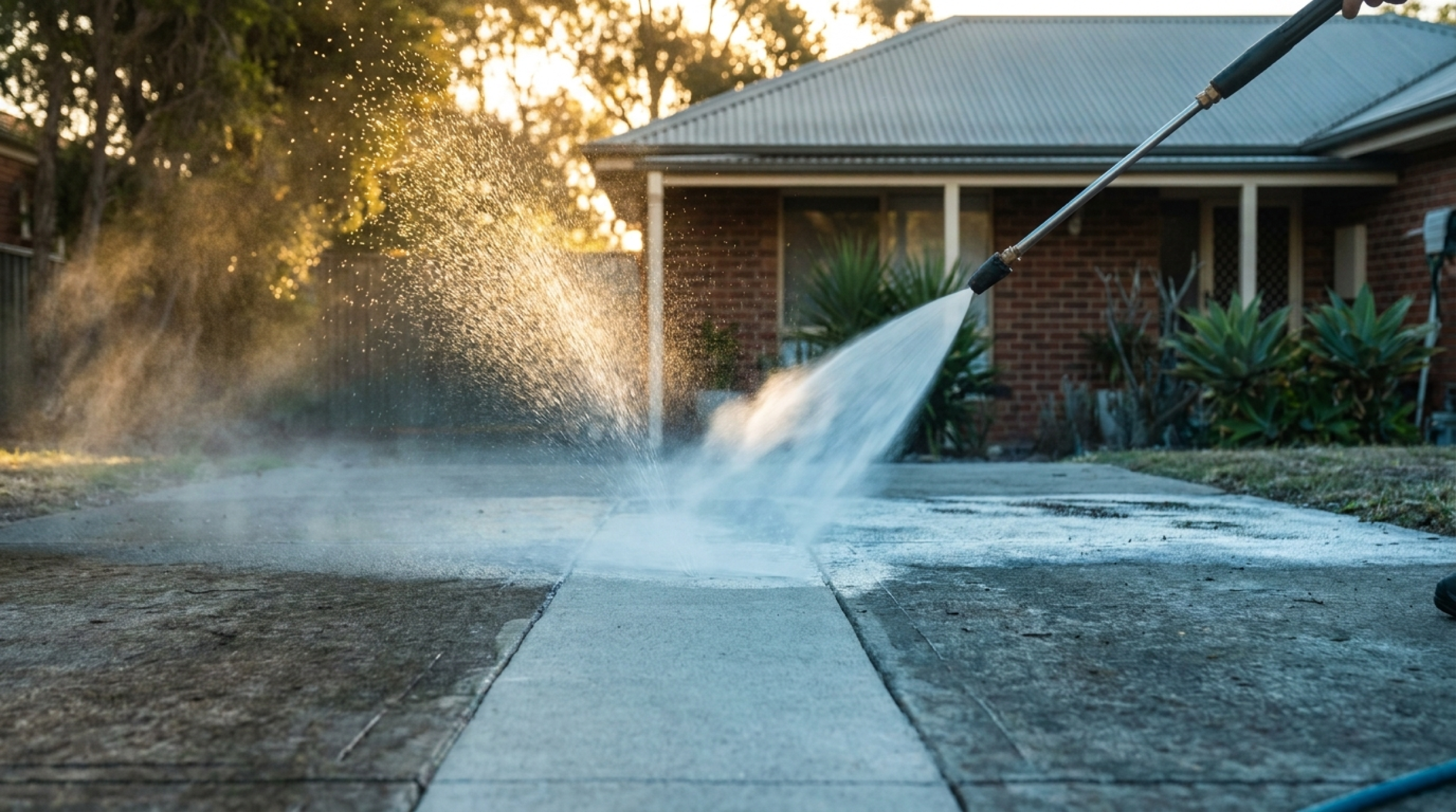 A pressure washer rinsing a concrete driveway in front of a brick home at dusk