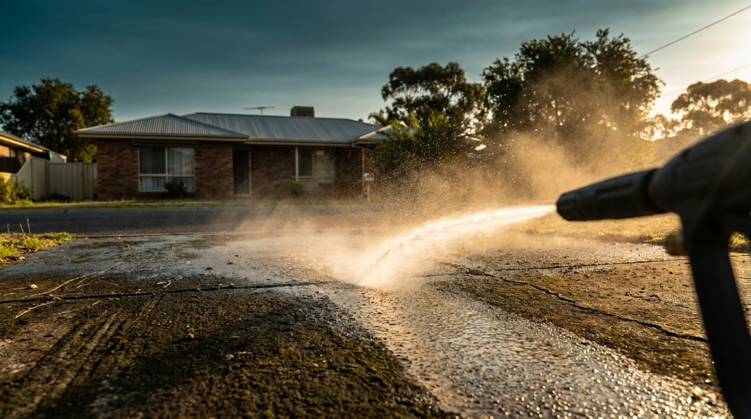 A pressure washer spraying a concrete driveway in front of a brick home at dusk