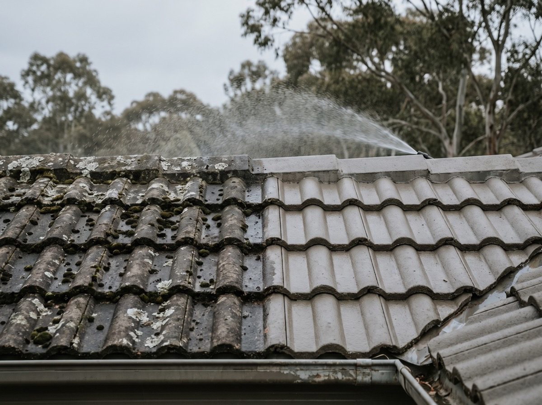 A tile roof half covered in moss and lichen, half clean, with gum trees behind