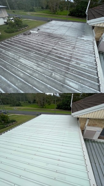 A corrugated metal roof panel shown as two frames, one dirty and one rinsed