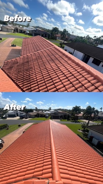 A tile roof panel shown as two frames, one dirty and one rinsed